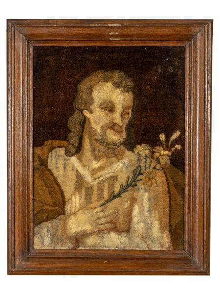 Rug a gancio pittorico americano 'San giuseppe', probabilmente Ebenezer Ross & Co., Ohio, 1900 circa 50x40 cm