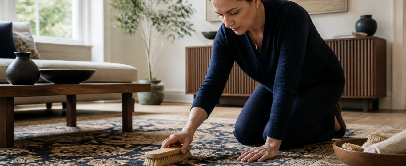 A rug care specialist gently brushing a hand-knotted wool rug in a London living room