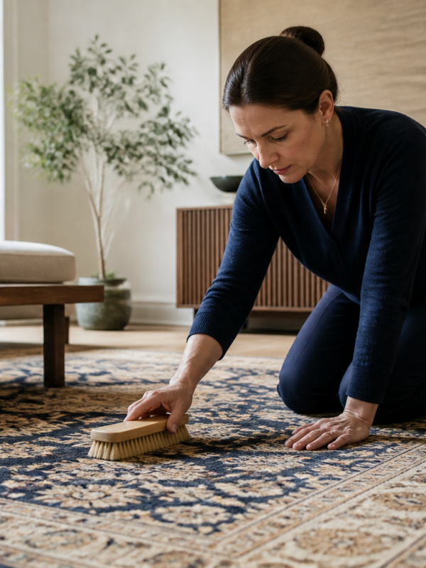 A rug care specialist gently brushing a hand-knotted wool rug in a London living room