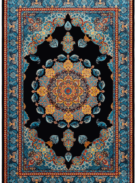 Jewel Medallion Rug in Black, machine-woven herbal-silk rug — full rug shown flat with the complete design