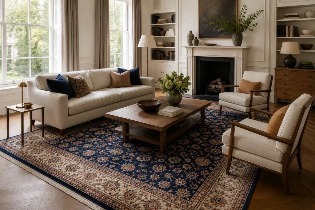 A large hand-knotted rug correctly positioned beneath the seating in an elegant London living room