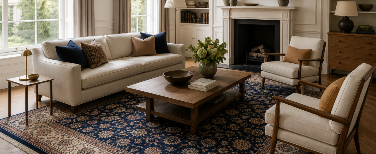 A large hand-knotted rug correctly positioned beneath the seating in an elegant London living room