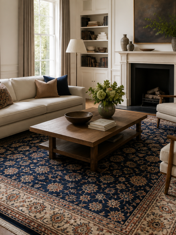 A large hand-knotted rug correctly positioned beneath the seating in an elegant London living room