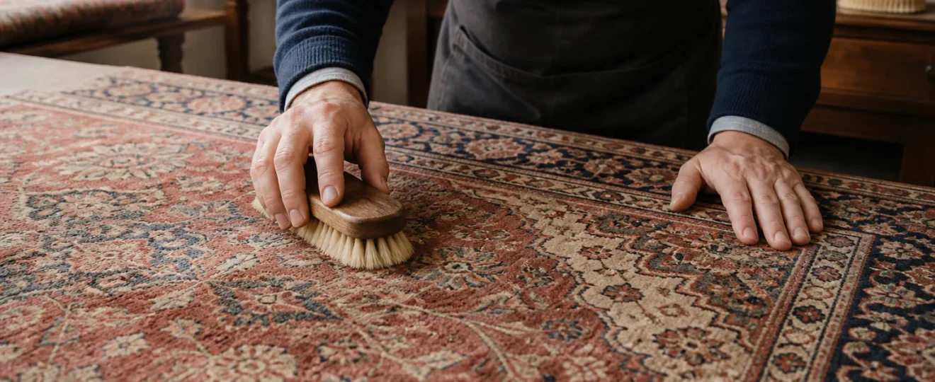 A rug specialist gently brushing surface dust from a hand-knotted Oriental rug at a worktable