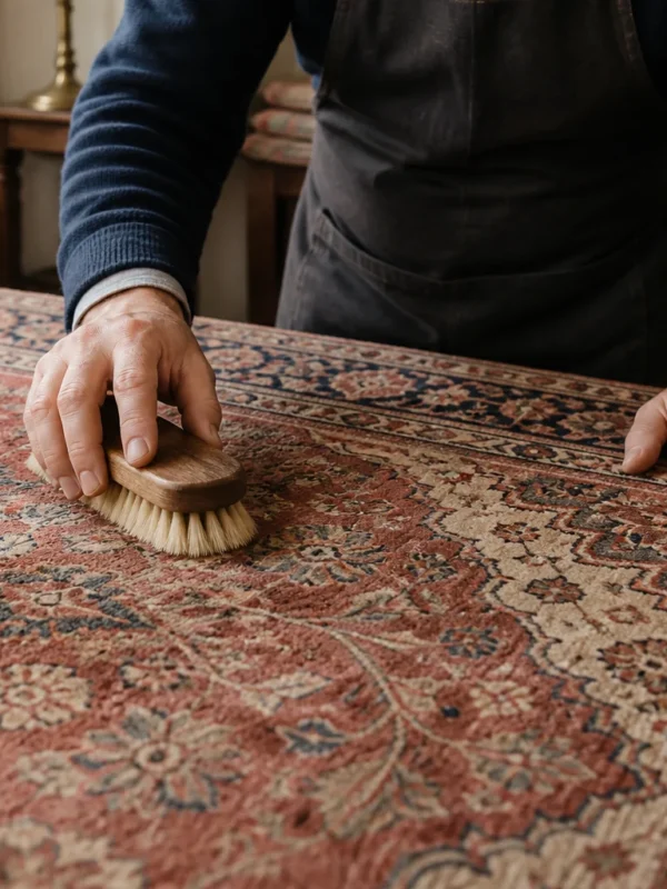 A rug specialist gently brushing surface dust from a hand-knotted Oriental rug at a worktable