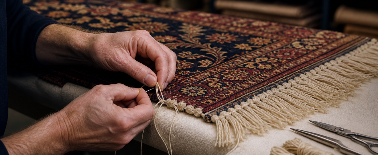 An artisan repairing the fringe and edge of a hand-knotted wool rug at a specialist workbench