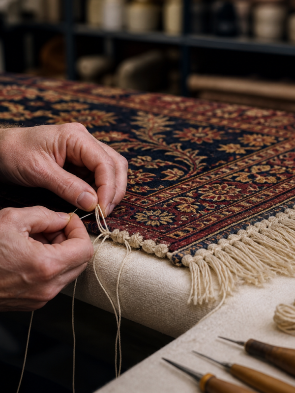 An artisan repairing the fringe and edge of a hand-knotted wool rug at a specialist workbench