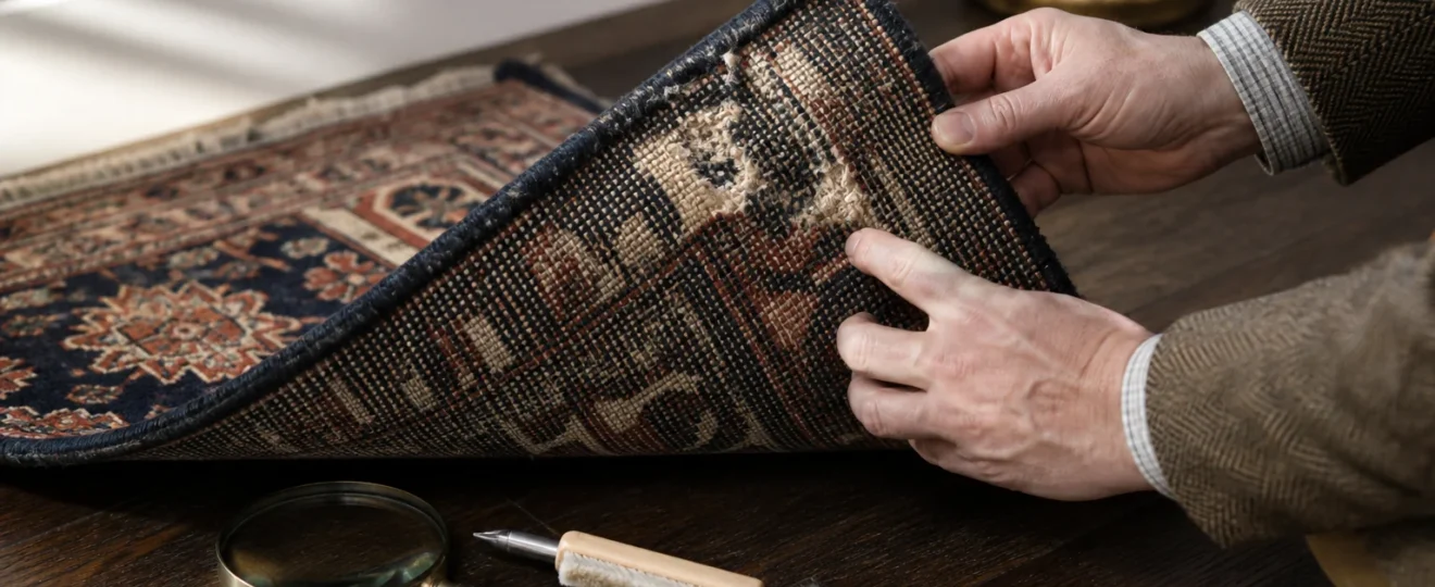 Hands lifting the edge of a wool rug to inspect an irregular bare patch and loose fibres on the reverse