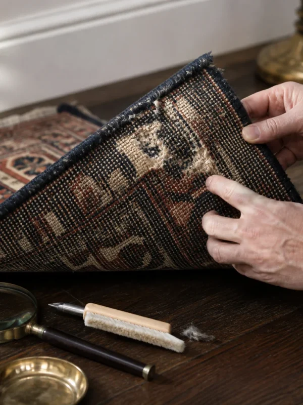 Hands lifting the edge of a wool rug to inspect an irregular bare patch and loose fibres on the reverse