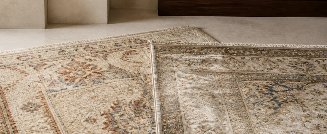 Two overlapping hand-knotted rugs showing the matte pile of wool beside the lustrous surface of silk