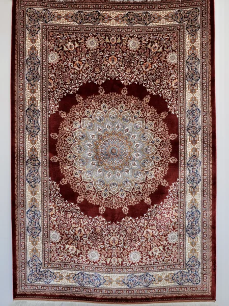 Grand Rosette Medallion Rug in Red, machine-woven herbal-silk rug — full rug shown flat with the complete medallion design