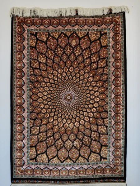 Mosaic Dome Garden Rug in Black, machine-woven herbal-silk rug — full rug shown flat with the complete dome design