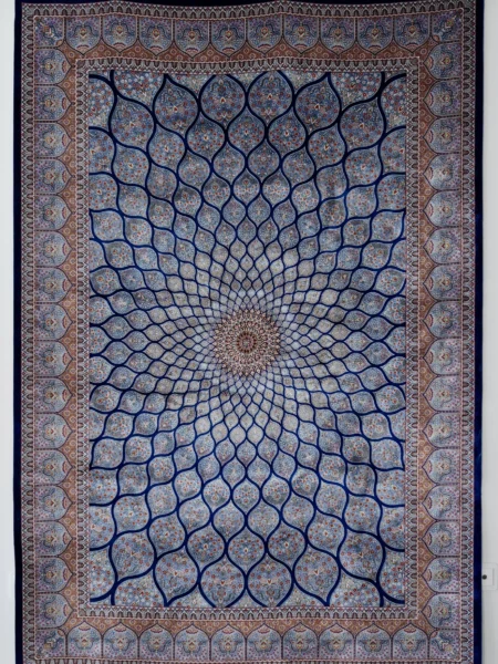 Radiant Dome Garden Rug in Navy Blue, machine-woven herbal-silk rug — full rug shown flat with the complete dome design