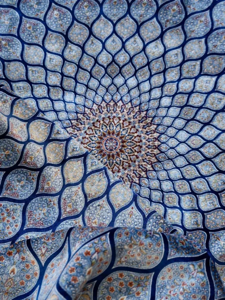 Radiant Dome Garden Rug in Navy Blue, machine-woven herbal-silk rug — radiating petal compartments seen from above