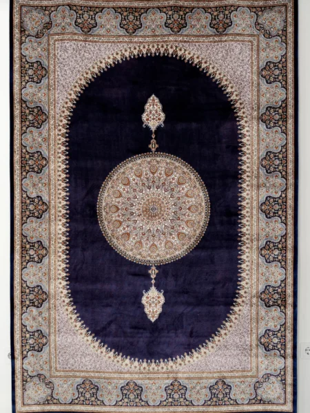 Royal Pendant Medallion Rug in Navy Blue, machine-woven herbal-silk rug — full rug shown flat with the complete pendant medallion design