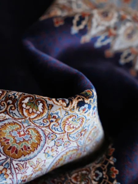 Royal Pendant Medallion Rug in Navy Blue, machine-woven herbal-silk rug — soft drape showing the pile and border colours