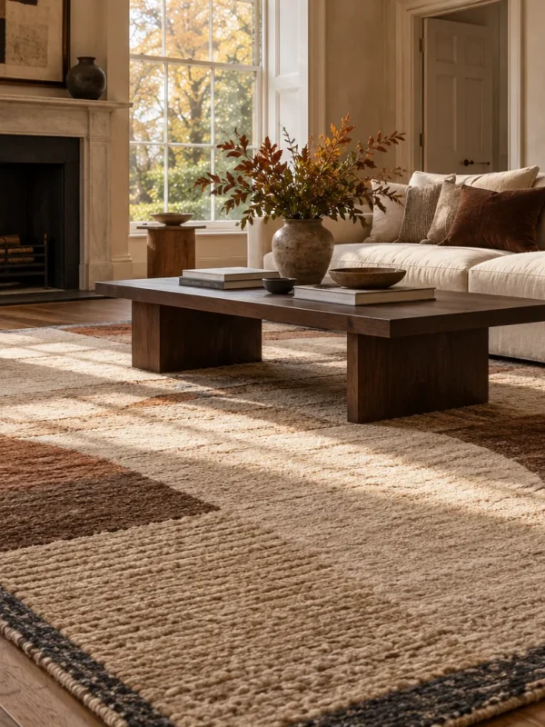 Textured oatmeal, cocoa and rust rug with a blue-grey border beneath a walnut table and cream sofa in an autumn interior.