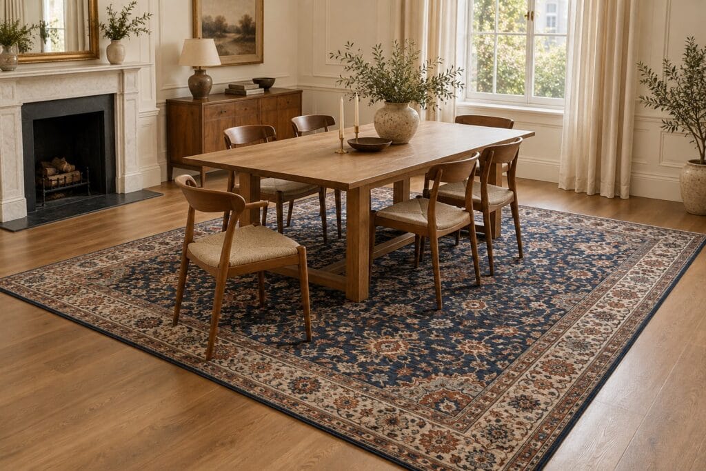 Illustrative dining room with an oak table and chairs on a large navy patterned rug, with a pulled-out chair remaining on the rug