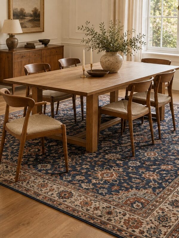 Illustrative dining room with an oak table and chairs on a large navy patterned rug, with a pulled-out chair remaining on the rug