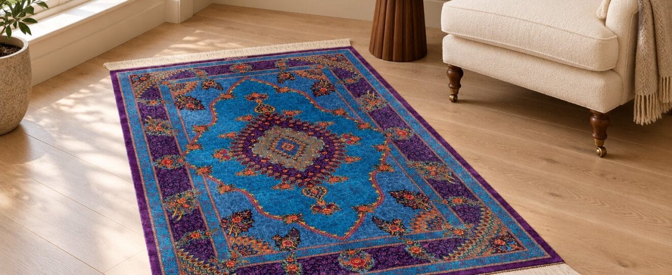 Blue and purple Qom Silk Rose Flower hand-knotted rug beside a cream armchair in an AI-styled reading room