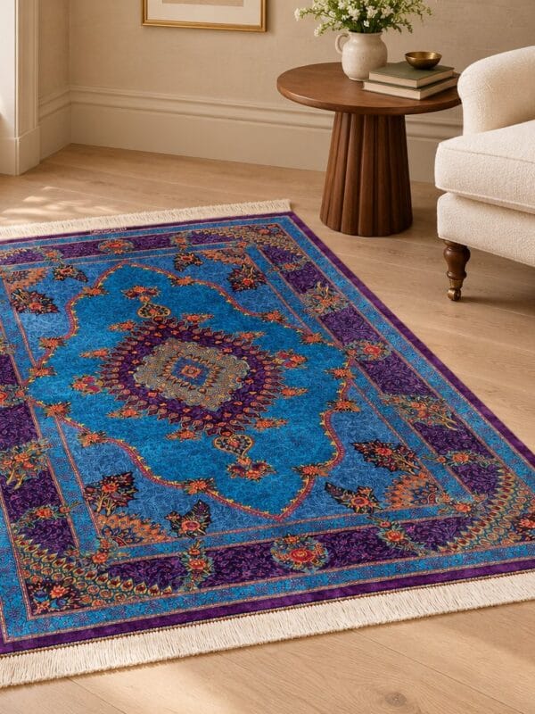 Blue and purple Qom Silk Rose Flower hand-knotted rug beside a cream armchair in an AI-styled reading room