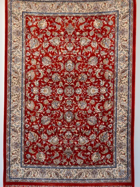 Royal Floral Arabesque Rug in Red, machine-woven herbal-silk rug shown flat with the complete design